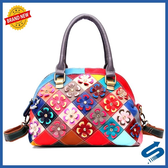 Handbags - Genuine Leather Tote Bag with Adjustable Strap, 5 Pockets, 28x14x23cm